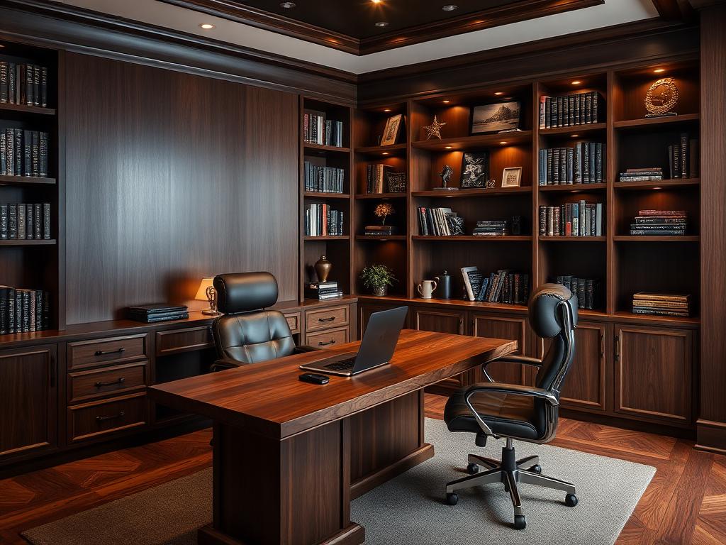Home office executivo finalizado com madeira e iluminação refinada
